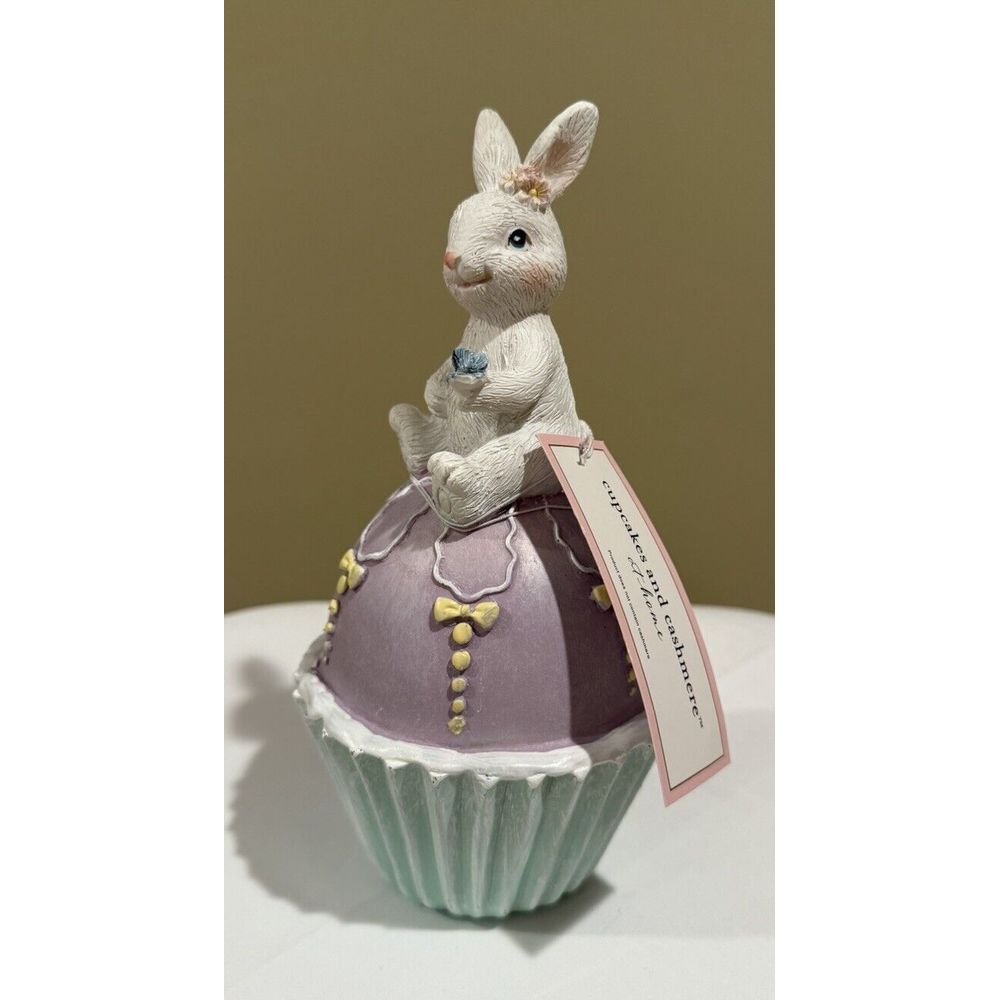 CUPCAKES AND CASHMERE Pastel Easter Bunnyโ Sitting on a Cupcake Egg Figurine NWT